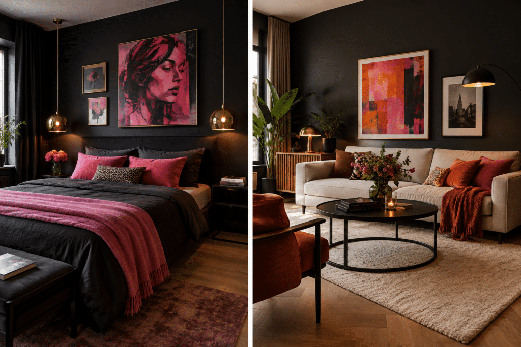 Wohnen in Schwarz, Wohnzimmer, Schlafzimmer