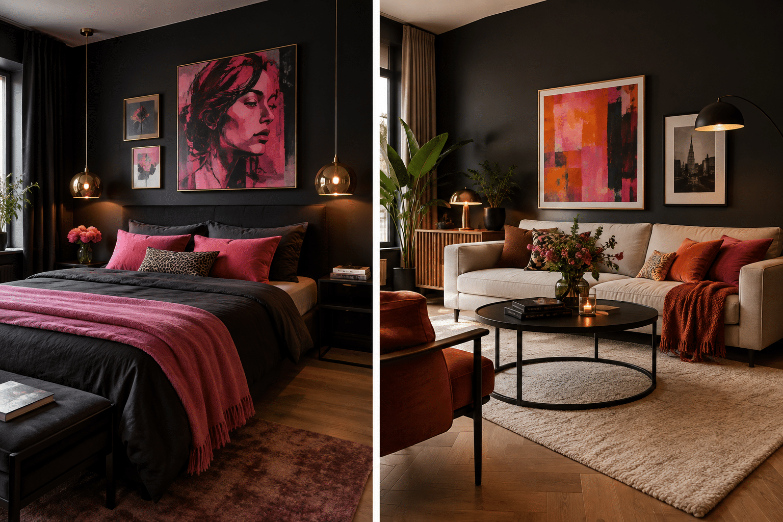 Wohnen in Schwarz, Wohnzimmer, Schlafzimmer