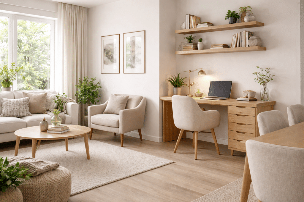 helles wohnzimmer mit vielen weißen Möbeln