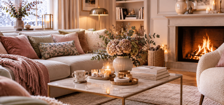 cozy wohnzimmer in weiß, rosa und hellgrün