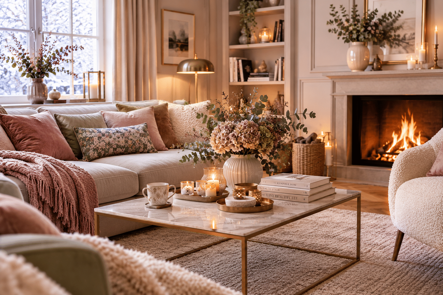 cozy wohnzimmer in weiß, rosa und hellgrün