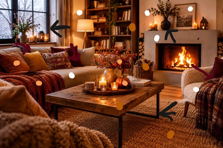 Cozy herbst wohnzimmer mit punkten markiert wo welche Farbe ist